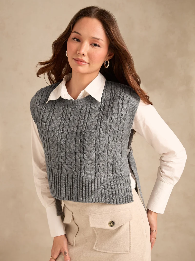 Outzidr Grey Grey Chunky Cable Knit Sweater for Women | Best Price UAE